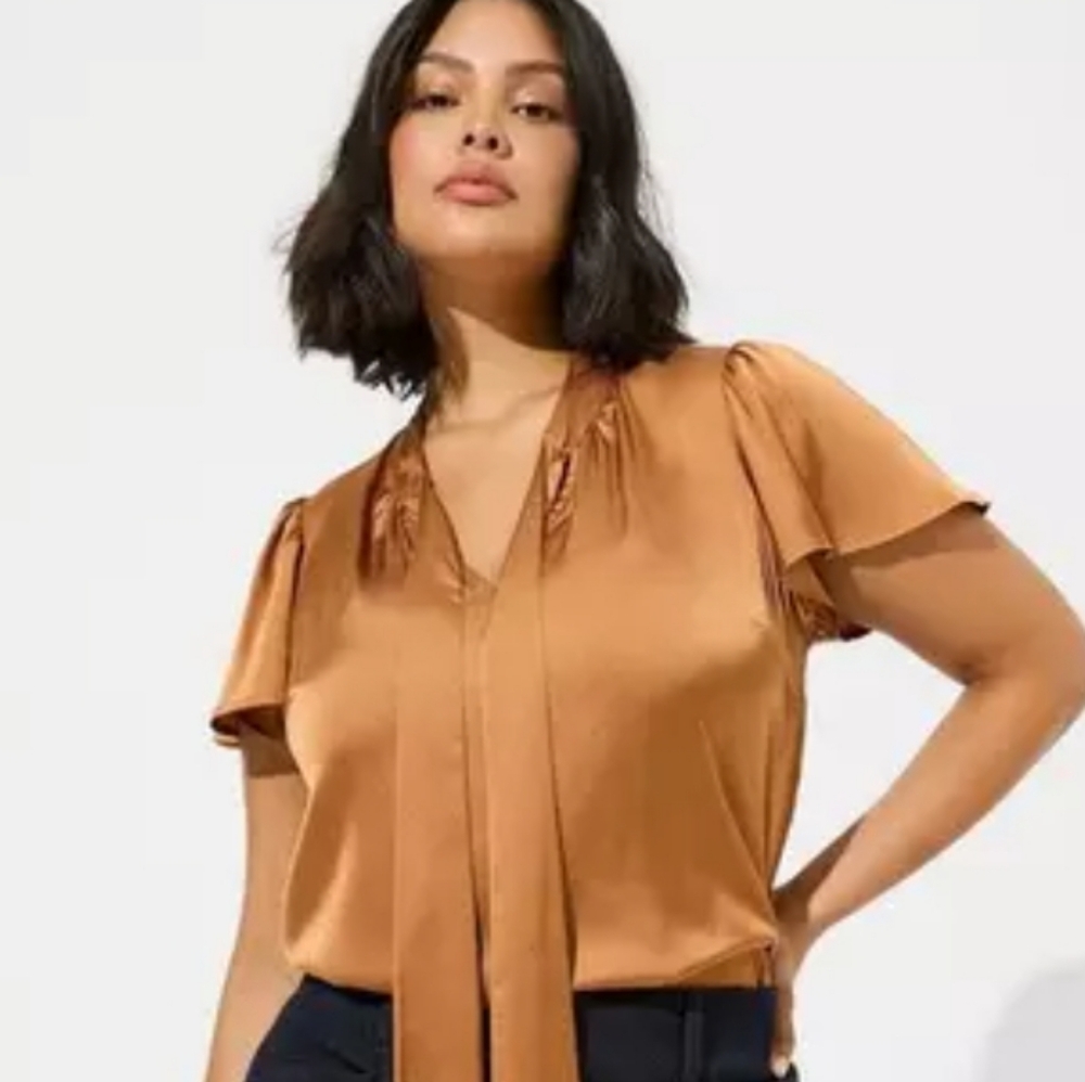 Torrid | Satin Golden Rust Brown Necktie Accent Blouse - Picture 9 of 11